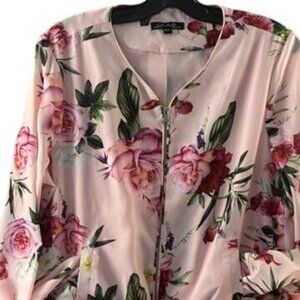 Womens Floral Bomber Jacket Pink With Zipper Front & Elastic Hem Lightweight Siz
